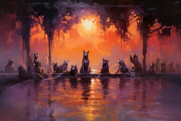 Canvas Print - Playful twilight foxes, dancing under the fading light of the setting sun - Generative AI