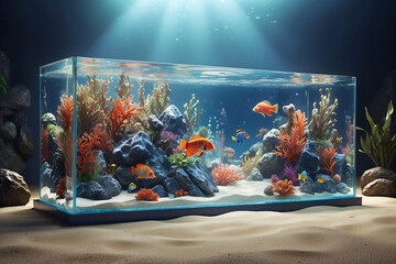 Sticker - square glass aquarium and fish life