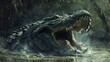 A crocodile devouring its prey in a murky swamp