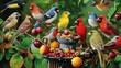 A group of birds feasting on a bird feeder