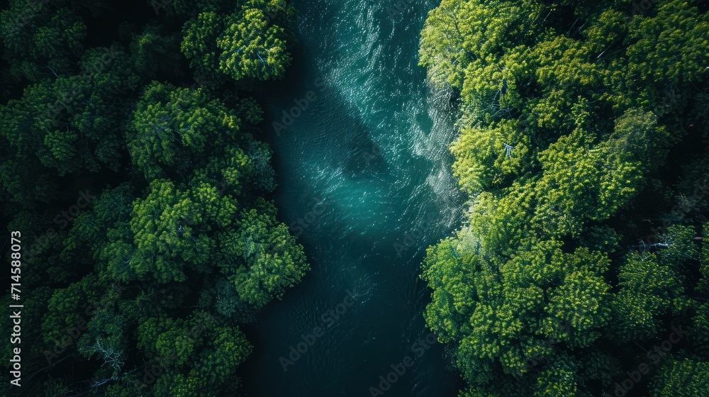 an aerial view of a river in the middle of a forest with lots of green ...