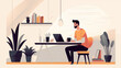 © Shahazadi - a vector flat style illustration capturing a man's work or study session on a laptop at home, featuring a balanced mix of home and coworking space attributes