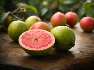 Wall Mural - Fresh guava fruits on wooden table, closeup. Tropical fruit