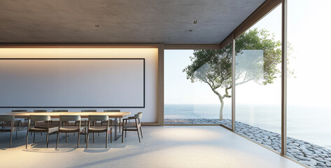 Wall Mural - Interior of modern dining room with concrete walls, concrete floor, panoramic window with sea view and mock up poster frame. 3d rendering