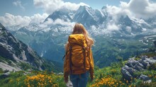  A Woman In A Yellow Jacket Is Looking At A Mountain Range With Yellow Flowers In The Foreground And A Blue Sky With White Clouds In The Background, And Yellow Flowers In The Foreground.