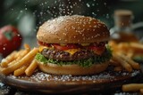 Fototapeta Sport - Burger with bacon, meat, cheese, tomatoes and herbs and fried potatoes on the table. Close-up