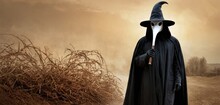  A Man Wearing A Long Black Robe And A Long Black Hat With A Long White Mask On His Face Is Standing In Front Of A Pile Of Dry Grass In A Field.