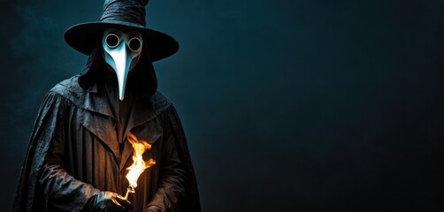 Sticker -  a person wearing a plaguen mask and holding a lit candle in their hands, with a black coat and a hat on their head, and a black background.