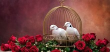  Two White Birds Sitting In A Birdcage With Red Roses In Front Of A Purple Background And A Pink Backdrop With A Red Rose Bush In The Foreground.