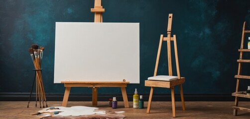 Wall Mural -  an easel, easel, paintbrush, and other art supplies sit in front of a wall painted with a teal green and teal hued background.