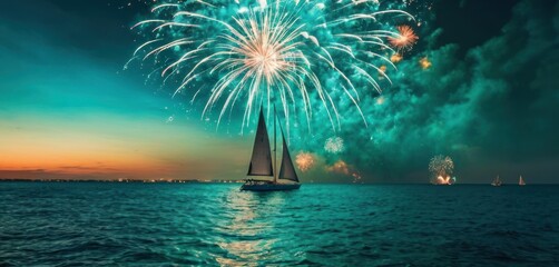 Wall Mural -  a sailboat on the water with a lot of fireworks in the sky above it and a sailboat on the water with a lot of fireworks in the sky.