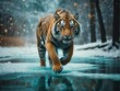 Siberian Tiger running in the snow. Beautiful, dynamic and powerful photo of this majestic animal. Set in environment typical for this amazing animal. Birches and meadows