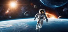  An Artist's Rendering Of An Astronaut Floating In Space In Front Of A Backdrop Of Planets And The Sun, With The Earth In The Foreground, In The Foreground, And In The Foreground.