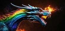  A Colorful Dragon With Its Mouth Open And Flames Coming Out Of It's Mouth In Front Of A Black Background With A Red, Yellow, Green, Orange, Blue, And Yellow, And Red, And Green, And Orange Fire.