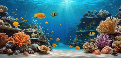 Wall Mural -  an underwater scene of a coral reef with a variety of tropical fish and corals on the bottom and bottom of the ocean floor with sunlight streaming through the water.