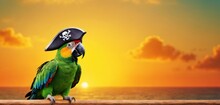  A Parrot With A Pirate's Hat On It's Head Sitting On A Branch In Front Of A Sunset With The Ocean And Clouds In The Foreground.