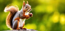  A Close Up Of A Squirrel On A Log Eating An Acorn On A Sunny Day With A Blurry Background Of Grass And Trees In The Backgroud.