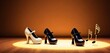  a group of women's high heeled shoes sitting on top of a hard wood floor next to a musical note and a trecquet on a wooden floor.
