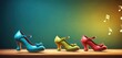  a row of colorful high heeled shoes with musical notes coming out of the top of the heels, on a wooden surface, against a green and blue background.