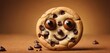  a chocolate chip cookie with googly eyes and chocolate chips scattered around it on a brown surface with chocolate chips scattered around it and a smiley face on the top of the cookie.
