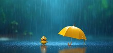  A Cartoon Character Holding A Yellow Umbrella In The Rain With A Yellow Ducky In The Foreground, And A Green Umbrella In The Foreground, With A Blue Sky And Green Background.