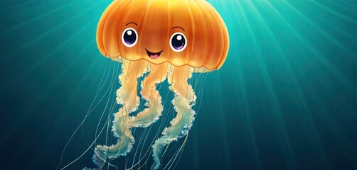 Wall Mural -  a close up of a jellyfish in a body of water with sun shining down on the top of the jellyfish and the bottom half of it's head.