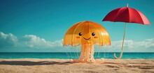  A Yellow Jellyfish With A Red Umbrella On The Sand Of A Beach With A Blue Sky And Ocean In The Background With A Blue Sky And White Cloudless Sky.