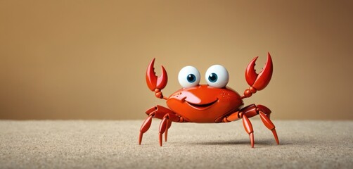  a close up of a toy crab on a surface with two eyes on it's head and one eye on the back of the crab, with two legs.