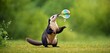  a brown and black animal playing with a soap bubble in a field of grass with trees in the backgroup and green foliage in the backgroud.