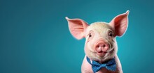  A Close Up Of A Pig Wearing A Bow Tie And Looking At The Camera With A Serious Look On His Face, On A Blue Background With A Blue Background.