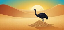  An Illustration Of An Ostrich Standing In The Desert With The Sun In The Background And Sand Dunes In The Foreground, With A Blue Sky And Yellow Sun In The Background.