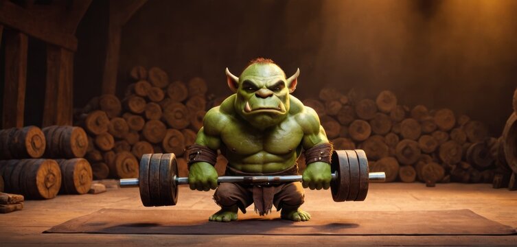 a green troll is lifting a barbell in front of a pile of logs in a dark room with light coming from 