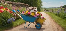  A Hedge Sitting In A Wheelbarrow With Flowers On The Side Of The Road In Front Of A Stone Wall And A Field Of Flowers On The Side Of The Road.
