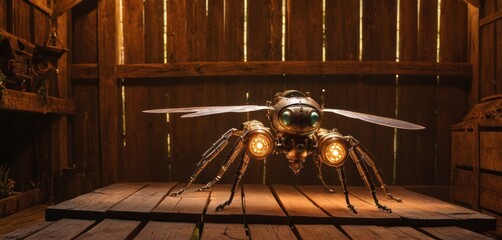  a spider sitting on top of a wooden table with two light bulbs on it's legs and a light bulb in the middle of the spider's legs.