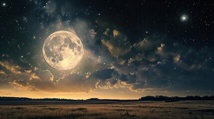 an image of a full moon in the sky above a field of grass and a field of grass with a few trees in t