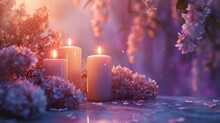  A Couple Of White Candles Sitting On Top Of A Table Next To A Bunch Of Purple Flowers In Front Of A Purple And White Tree With Purple Flowers In The Background.
