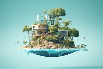 Wall Mural - A cartoon illustration of houses and habitat on an island