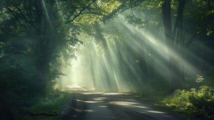 Wall Mural -  a dirt road in the middle of a forest with sunbeams shining through the trees on either side of the road is a dirt road that runs through the woods.