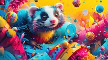  A Close Up Of A Painting Of A Ferret Surrounded By Confetti, Balls, And Confetti Sprinkles On A Bright Yellow Background.