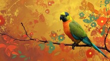  A Colorful Bird Perched On A Branch Of A Tree With Red And Yellow Flowers In Front Of An Orange And Yellow Background With Red And Blue Flowers In The Foreground.