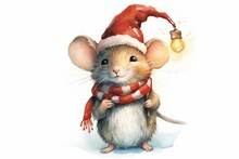 Adorable Christmas Mouse Illustration On White Background. Generative AI