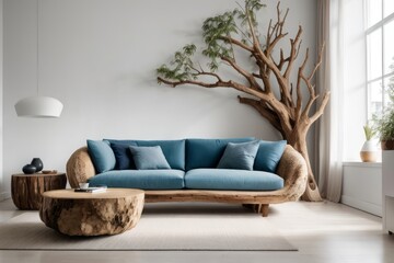 Scandinavian interior home design of modern living room with unique handmade blue loveseat sofa made from tree roots on a white wall near the window