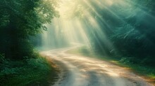  A Dirt Road In The Middle Of A Forest With Bright Beams Of Light Coming Out Of The Trees On Either Side Of The Road And On The Other Side Of The Road.