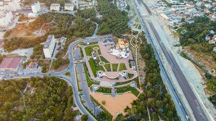 Wall Mural - Gelendzhik, Russia. Cathedral of St. Andrew the First Called. Sunset time, Aerial View