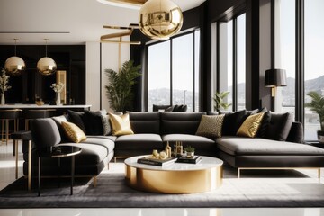 Hollywood interior home design of modern living room with black sofa and gold decoration luxury furniture