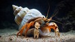 A hermit crab occupying a seashell, photographed at a low angle, highlighting its unique adaptation and the intricacies of the relationship between shell and crustacean. 