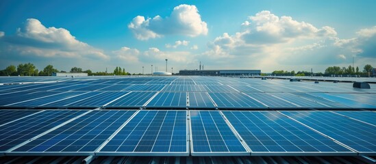 Poster - Solar panels on factory roof. Clean energy farm.