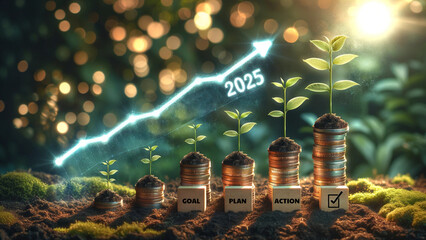 Conceptual Growth and Success Strategy for 2025 ,An inspiring concept image of plant shoots growing from ascending coin stacks, labeled with the stages of goal, plan, and action leading to success 