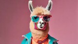 Fototapeta  - stylish 80 s clothes alpaca llama in glasses in motion on pink background generative ai