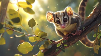 Poster -  a small animal sitting on top of a tree branch next to a green leafy tree filled with lots of green leaves and a yellow light shining in the background.